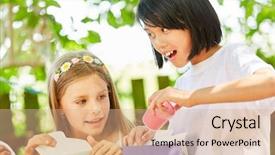  Presentation with kids birthday - Slide set with giveaway - girl and girlfriend unpacking presents background and a coral colored foreground