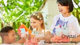  Presentation with birthday kids - Colorful PPT theme enhanced with giveaway - little boy and girl backdrop and a coral colored foreground