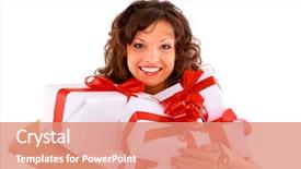  Presentation with tv show studio camera - PPT theme featuring giveaway - young woman with gifts shot background and a coral colored foreground