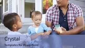  Presentation with never give up children - Colorful PPT theme enhanced with giving children candy on steps backdrop and a light blue colored foreground