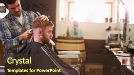  Presentation with barber shop - PPT layouts enhanced with giving client haircut in shop background and a tawny brown colored foreground