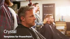  Presentation with barber shop - Cool new PPT layouts with giving client haircut in shop backdrop and a tawny brown colored foreground