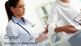  Presentation with female hospital patient - Slide set with portrait of confident female doctor giving first aid to patient in hospital background and a light blue colored foreground