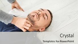  Presentation with first aid - Theme having cardiopulmonary - young woman giving first aid background and a light gray colored foreground