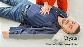  Presentation with first aid - PPT layouts enhanced with heart compression - young woman giving first aid background and a light gray colored foreground