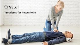  Presentation with first aid - Slide set enhanced with heart compression - young woman giving first aid background and a white colored foreground