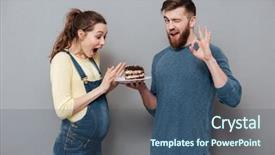  Presentation with giving - Amazing PPT layouts having smiling husband giving plate with chocolate cake to his happy pregnant wife and showing okay gesture isolated backdrop and a ocean colored foreground