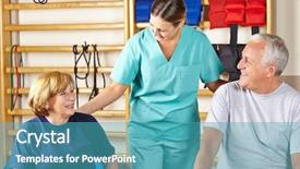  Presentation with group of happy couples - Presentation design featuring therapy nurse - happy physiotherapist giving senior group background and a teal colored foreground