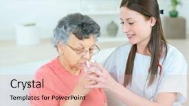  Presentation with water glass - Slide deck featuring giving senior lady a glass background and a coral colored foreground