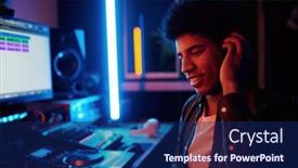  Presentation with music headphones - PPT theme enhanced with glad-music-producer-listening-new background and a navy blue colored foreground