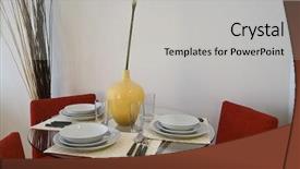  Presentation with blue red and yellow - PPT theme enhanced with glas dining table set up background and a light gray colored foreground