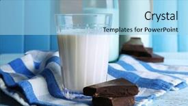  Presentation with chocolate milk - Slide set consisting of glass and bottles of milk with chocolate chunks on stripped napkin and color wooden planks background background and a light blue colored foreground