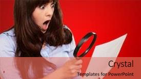  Presentation with blonde holds a magnifying glass - Audience pleasing PPT theme consisting of glass and paper on red backdrop and a  colored foreground