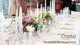  Presentation with catering service waitress on duty - Colorful PPT theme enhanced with glass at restaurant before party backdrop and a sky blue colored foreground