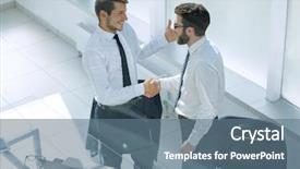  Presentation with handshake - Beautiful presentation theme featuring glass blueprints - close up handshake business people backdrop and a ocean colored foreground