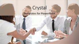  Presentation with negotiating - Slides having glass blueprints - handshake business partners background and a soft green colored foreground