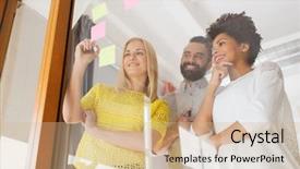  Presentation with creative writing - PPT theme featuring happy creative team writing on stickers at office background and a coral colored foreground