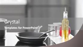  Presentation with cooking oil - Colorful presentation enhanced with glass bottle of cooking oil on kitchen counter backdrop and a gray colored foreground