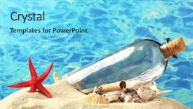  Presentation with sea glass - Cool new presentation theme with glass bottle with note inside on sand on blue sea background backdrop and a arctic colored foreground