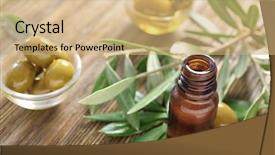 Presentation with olive oil bottle - Colorful PPT theme enhanced with glass bottle with olive oil backdrop and a coral colored foreground