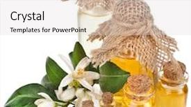  Presentation with essential oil bottles and rosemary - Audience pleasing slide deck consisting of glass bottles of herbal essences oil with fresh citrus flowers isolated on white background backdrop and a light gray colored foreground