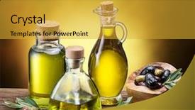  Presentation with olive oil - Slide deck having glass bottles of olive oil background and a gold colored foreground