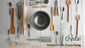  Presentation with cutlery - Slide set enhanced with glass bowl and kitchen cutlery background and a light gray colored foreground