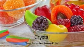  Presentation with jelly - Audience pleasing PPT layouts consisting of glass bowl with tasty jelly candies on wooden background closeup backdrop and a gold colored foreground