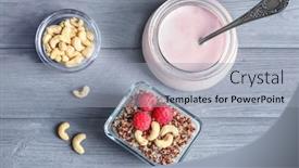  Presentation with quinoa - PPT theme enhanced with glass bowl with tasty quinoa on wooden table background and a light gray colored foreground