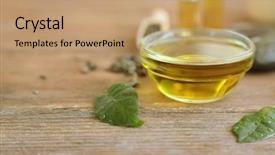  Presentation with tea pouring into glass transparent - PPT theme featuring glass bowl with tea oil background and a coral colored foreground