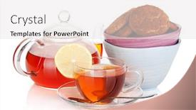  Presentation with black tea - Presentation theme consisting of glass cup and teapot of black tea with lemon and cookies isolated on white background background and a white colored foreground