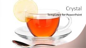  Presentation with black tea - Colorful slide deck enhanced with glass cup of black tea with lemon slice and spoon isolated on white background backdrop and a white colored foreground