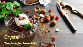  Presentation with chocolate dessert - Slides with glass cup of chocolate dessert with cranberries fresh mint and frothed milk on black wooden table background and a tawny brown colored foreground