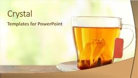  Presentation with tea cup - Colorful presentation theme enhanced with glass cup with tea bag on wooden table close up backdrop and a cream colored foreground