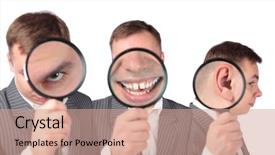  Presentation with eye glass - Colorful PPT layouts enhanced with glass eyed - businesspeople with magnifier on ear backdrop and a coral colored foreground