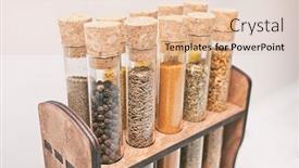  Presentation with flasks - Amazing slide set having glass flasks with different type of spices on the kitchen table backdrop and a lemonade colored foreground