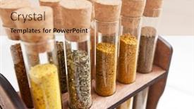  Presentation with flasks - Beautiful PPT theme featuring glass flasks with different type of spices on the kitchen table backdrop and a coral colored foreground