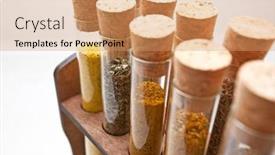  Presentation with flasks - Slide set having glass flasks with different type of spices on the kitchen table background and a coral colored foreground