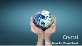  Presentation with hand saving - Colorful slides enhanced with glass-globe-in-hand-energy backdrop and a ocean colored foreground