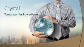  Presentation with hand saving - Cool new PPT theme with glass-globe-in-hand-energy backdrop and a sky blue colored foreground