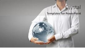  Presentation with hand saving - PPT theme enhanced with glass-globe-in-hand-energy background and a light gray colored foreground