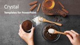  Presentation with natural ingredients - Slide set featuring glass grinding - female hands making facial mask background and a violet colored foreground