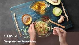  Presentation with natural ingredients - Audience pleasing PPT theme consisting of glass grinding - female hands making nourishing facial backdrop and a violet colored foreground