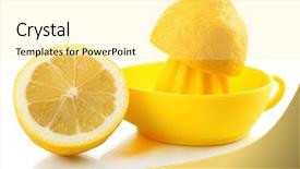  Presentation with lemons - Beautiful PPT theme featuring glass half empty - citrus squeezer with lemons isolated backdrop and a blonde colored foreground