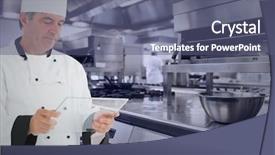  Presentation with touch screen virtual reality - PPT theme featuring glass half empty - close-up of chef using virtual background and a ocean colored foreground