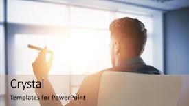  Presentation with cigar - Cool new PPT layouts with glass half empty - rear view of businessman holding backdrop and a coral colored foreground