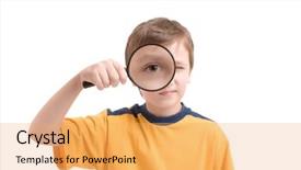  Presentation with magnifying glass - Theme having young boy with magnifying glass isolated on white background background and a yellow colored foreground