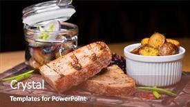  Presentation with restaurant - Beautiful PPT theme featuring glass jar - snack under vodka backdrop and a tawny brown colored foreground