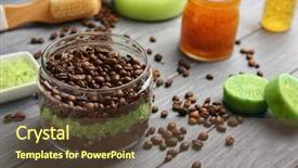  Presentation with coffee beans - Audience pleasing theme consisting of glass jar with coffee beans and set for peeling on background backdrop and a tawny brown colored foreground