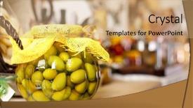  Presentation with green glass - Beautiful PPT theme featuring glass jar with green olives backdrop and a coral colored foreground